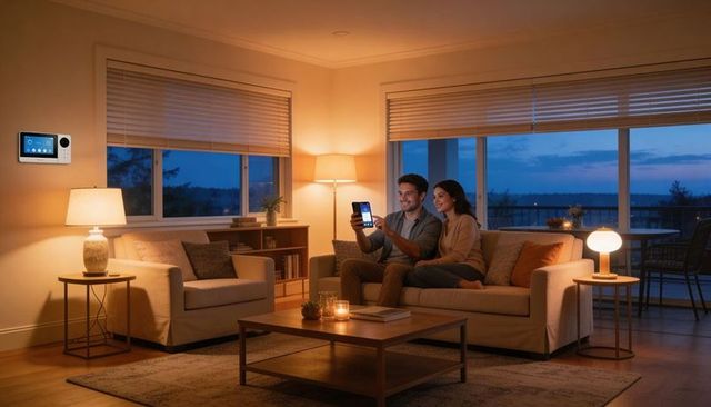 Couple leaning together using smartphone in cozy living room with warm evening lighting