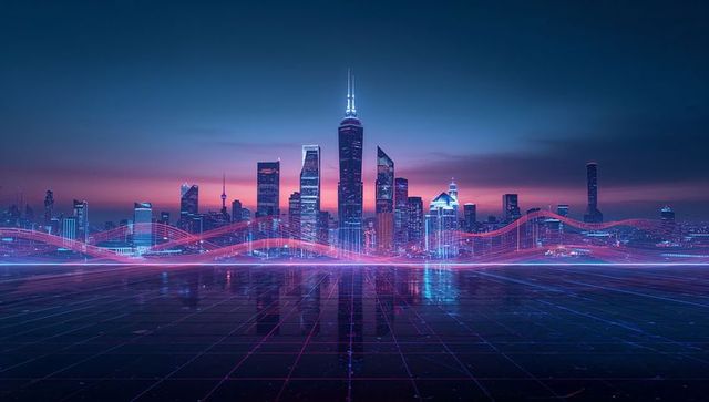 Cyberpunk skyline glowing with neon data ribbons and reflective grid at twilight