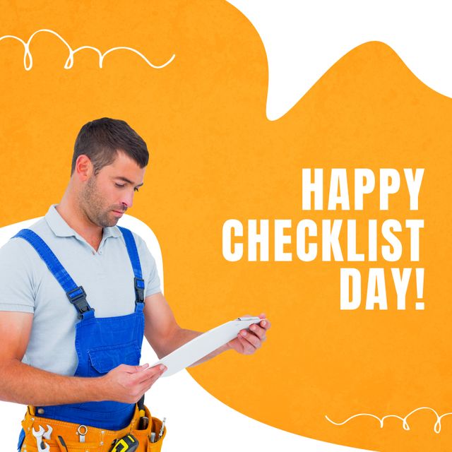 Builder Making Notes Celebrating Checklist Day with Orange Background - Download Free Stock Templates Pikwizard.com