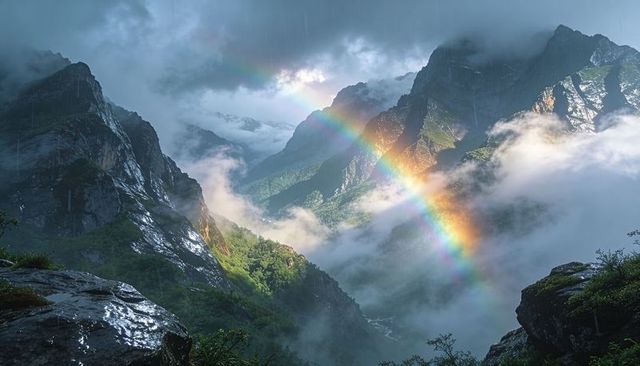 Rainbow Arching Across Misty Lush Alpine Valley With Sunlit Peaks and Wet Rock Foreground