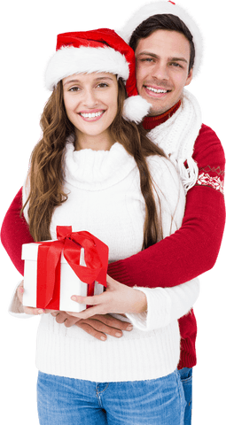 Smiling Couple Celebrating Christmas with Gift Transparent