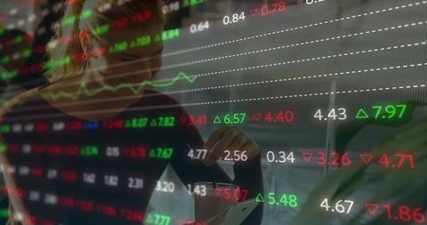 Woman Monitoring Stocks via Smartphone and Digital Display Overlay