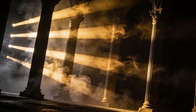 Sunbeams cutting through dusty haze between ornate stone columns in vaulted hall
