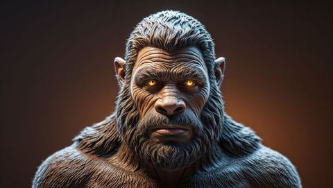 Mythical humanoid creature with glowing eyes in studio portrait