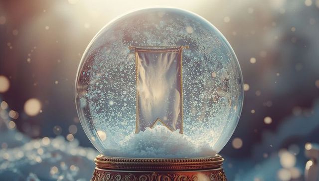 Luxurious snow globe with ornate gold base and suspended banner
