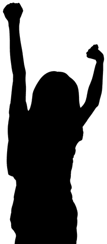 Dynamic silhouette of cheering woman with raised arms on transparent background