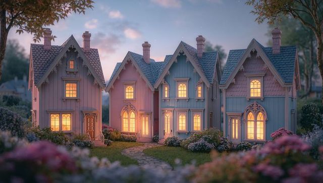 Twilight victorian cottages glowing through arched windows with stone garden path