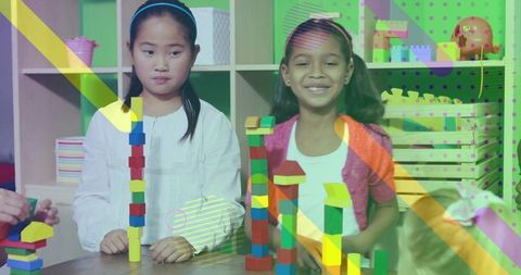 Kids Building Colorful Wooden Block Towers Together in Bright Classroom Playroom