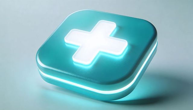 Glowing turquoise medical plus icon 3d emblem for healthcare apps ui and branding