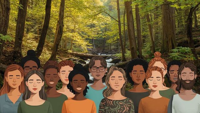 Diverse adults meditating by sunlit forest stream for mindfulness and nature wellness
