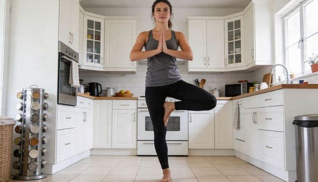 Woman practicing tree pose in bright modern kitchen for home yoga and mindfulness