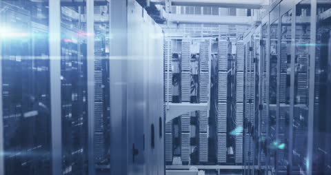 High-Tech Data Center Server Room with Digital Lights Animation