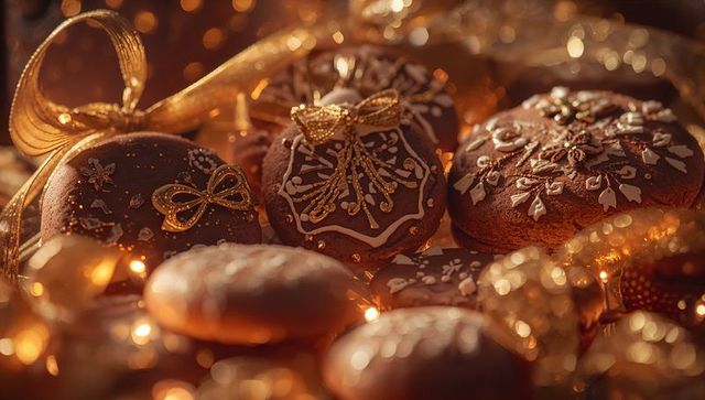 Gingerbread cookies adorned with icing and bows amidst golden lights