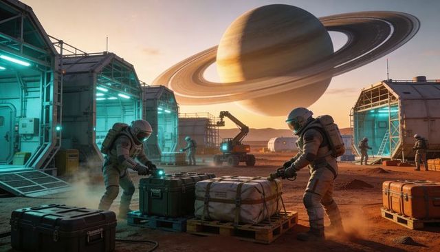 Astronauts loading cargo at modular off-world outpost under massive ringed gas giant