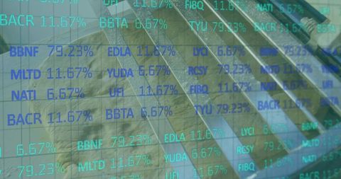 Man climbing metal stairwell with holographic stock ticker overlay, business ascent concept