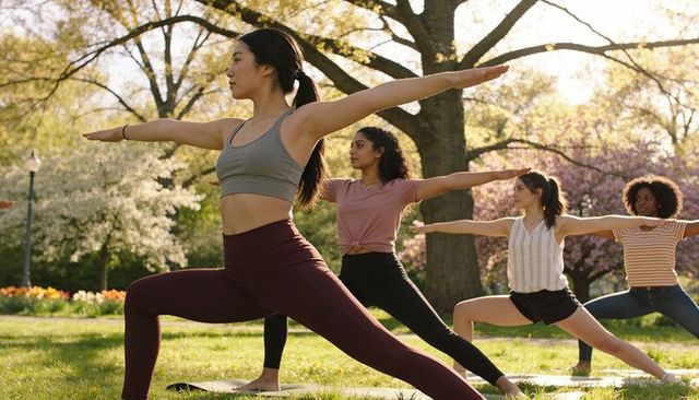 Women practicing warrior ii yoga pose in sunlit park during outdoor group fitness