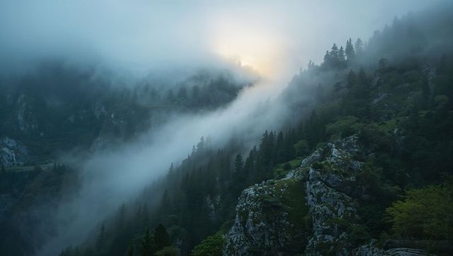Diagonal fog ribbon cutting through alpine valley revealing fir forest and rocky cliffs