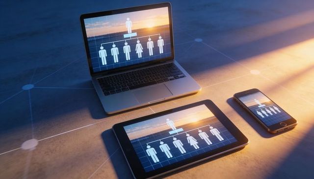 Digital organizational chart on laptop, tablet, smartphone with warm sunset glow