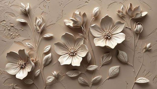 Ornate sculpted floral relief on plaster panel, botanical art