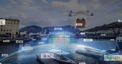 Drone Overlooking Harbor with Social Media Icons Overlay