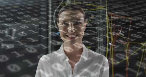 Female IT Engineer Analyzing Server with Binary Overlay - Download Free Stock Images Pikwizard.com