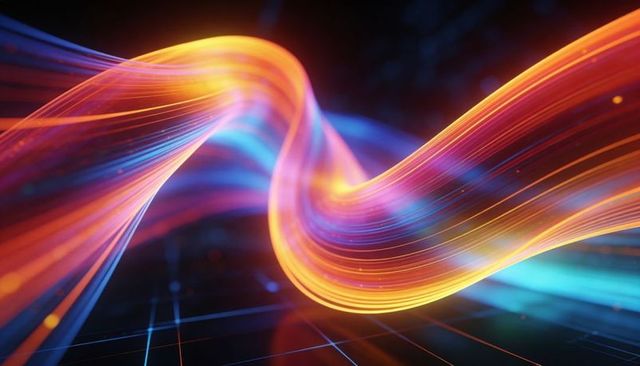 Neon Energy Ribbon Flowing Through Digital Grid with Vivid Multicolor Light Trails