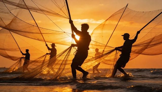 Silhouetted fishermen casting traditional shore nets at golden sunset