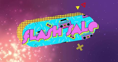 Retro Neon Flash Sale Banner Featuring 80s Boombox Pattern, Halftone Dots, Bokeh Sparkle