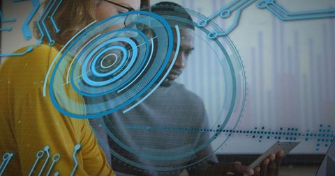 Collaborating on augmented hud dashboard with blue data visualization and touch devices