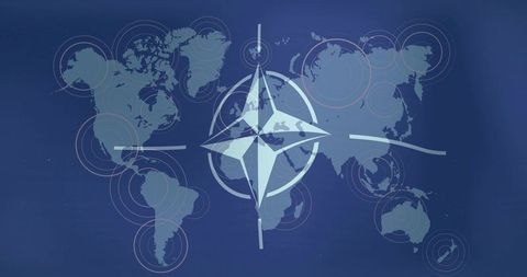 Nato-style compass rose overlaying world map with concentric rings geopolitical infographic