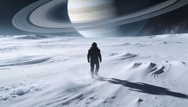 Astronaut walking across frozen alien plain under massive ringed gas giant on distant moon