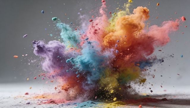 Vibrant Powder Explosion Bursting Multicolor Pigment Cloud with Cyan Purple Orange Plumes