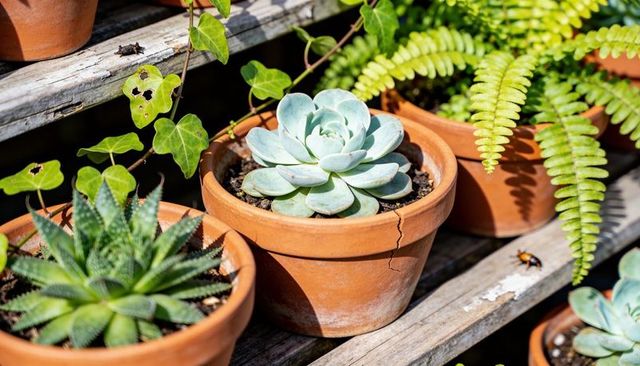 Sunlit rosette succulent in cracked terracotta pot on rustic wooden garden shelf with fern