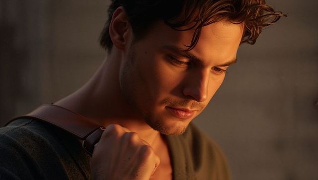 Moody closeup of man holding leather bag strap, warm rimlight and thoughtful gaze