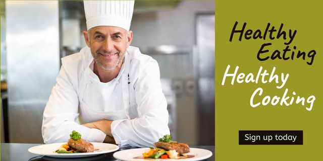 Professional chef in full uniform promoting healthy eating and cooking classes. Ideal for advertising culinary schools, cooking courses, and health-conscious culinary workshops. Use this visual for promoting cooking classes, healthy eating campaigns, and food-related events.