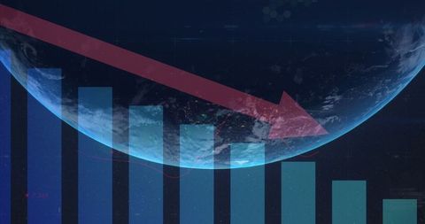 Global economic decline with financial bar graph and red arrow