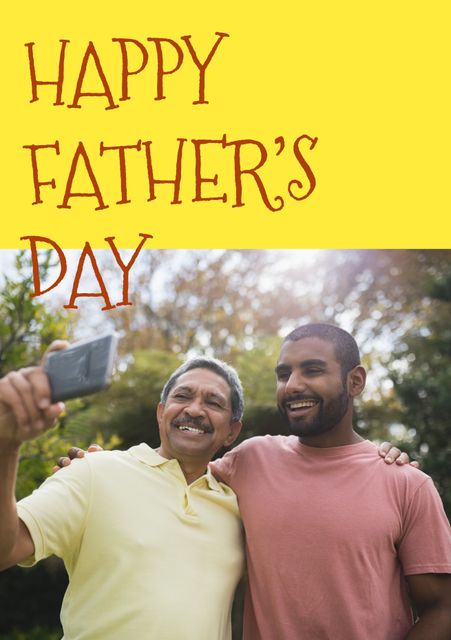 Image depicts joyful father and son taking a selfie while embracing outdoors, ideal for illustrating Father's Day celebrations, family bonding, and joyful moments. Can be used in greeting cards, social media posts, and family-related advertisements.