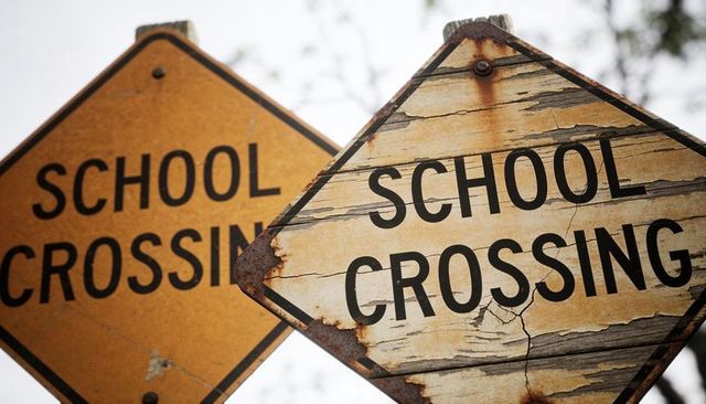 Weathered school crossing signs with cracked paint, rusted bolts and peeling texture