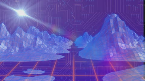 Meteor Approaching Futuristic Mountains with Digital Circuit Backdrop