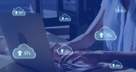 Woman Engaging with Digital Cloud Network on Laptop