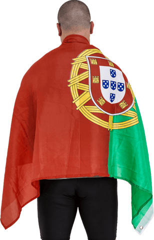 Rear view of man draped in transparent portugal flag