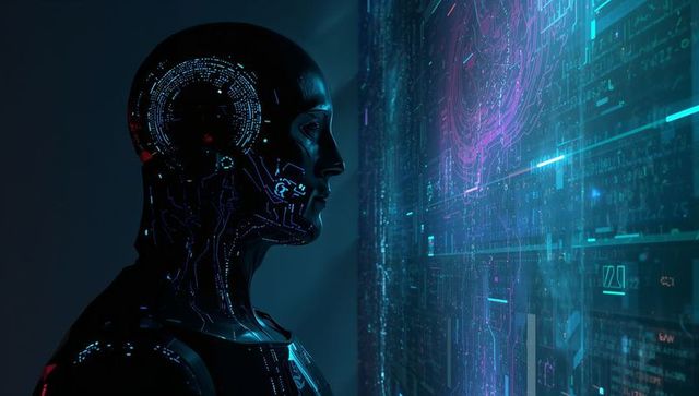 Humanoid Robot Scanning Holographic Interface with Neon Circuitry and Futuristic AI Code