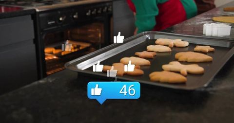 Homemade cookies cooling on tray with social media like badge 46