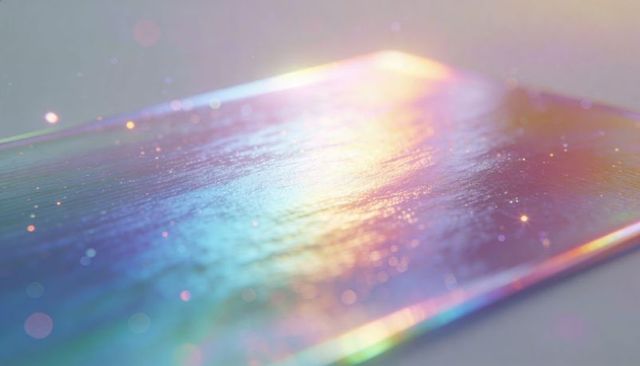 Iridescent pearlescent panel reflecting pastel prism light with glittery bokeh texture