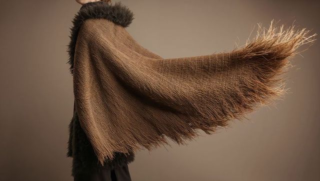 Model Wearing Windblown Straw Cape with Fur-Like Collar for Editorial Fashion