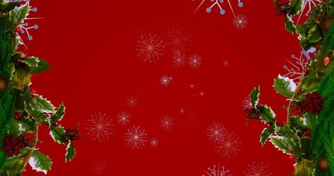 Festive Christmas Border with Snowflakes and Holly on Red