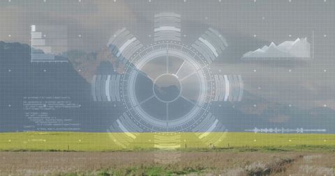 Futuristic HUD Interface Overlaying Rural Farmland