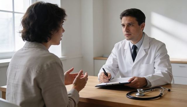 Doctor consulting patient while noting on clipboard in bright minimalist clinic office
