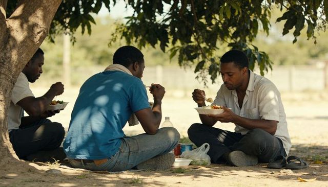 Three friends eating takeaway lunch under leafy tree, outdoor casual break and camaraderie