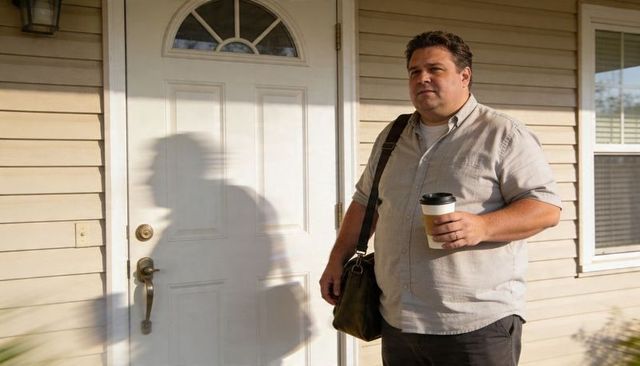 Suburban commuter pausing at front door holding coffee and bag in morning sunlight